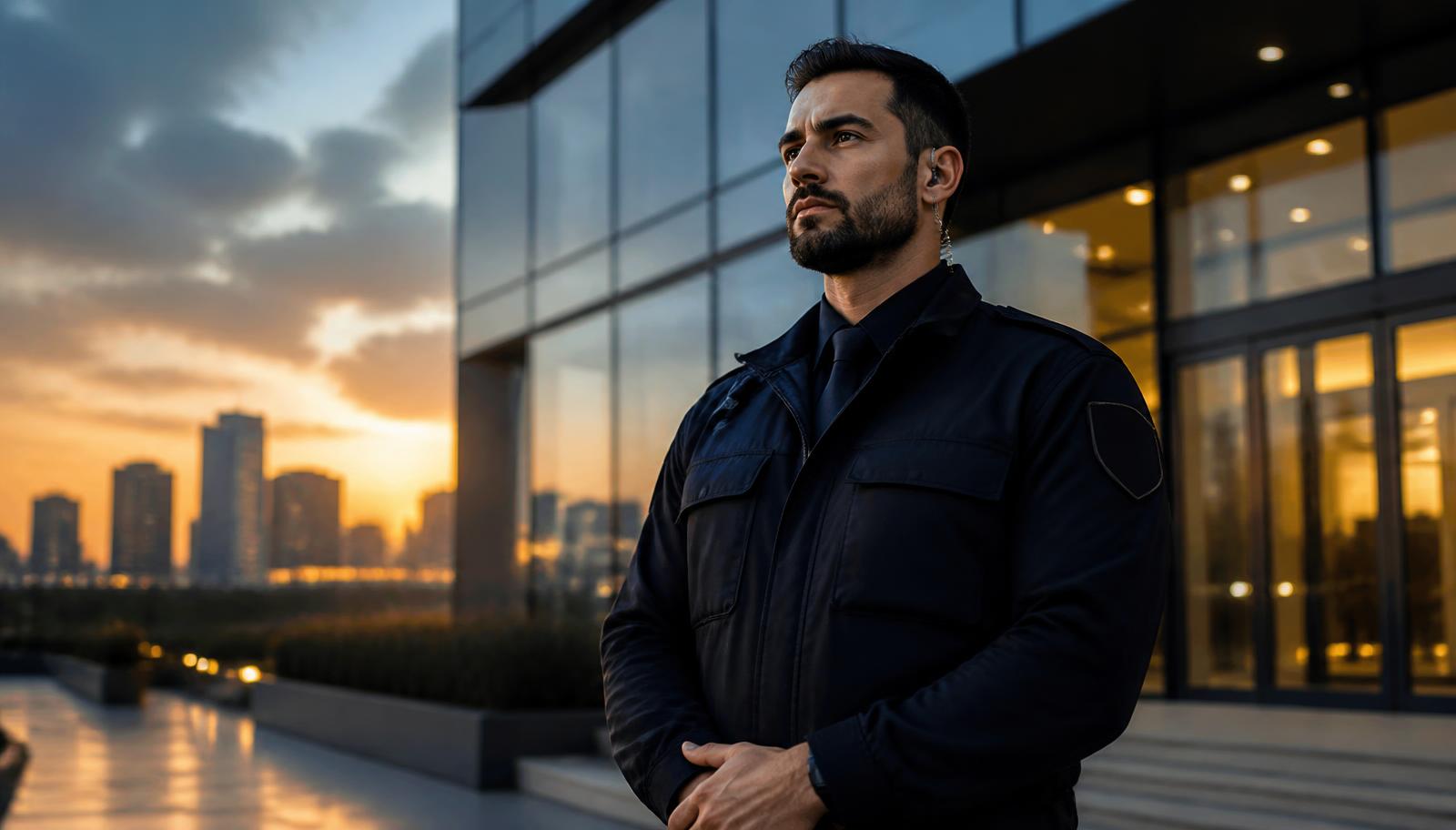 Professional security officer at a modern commercial building